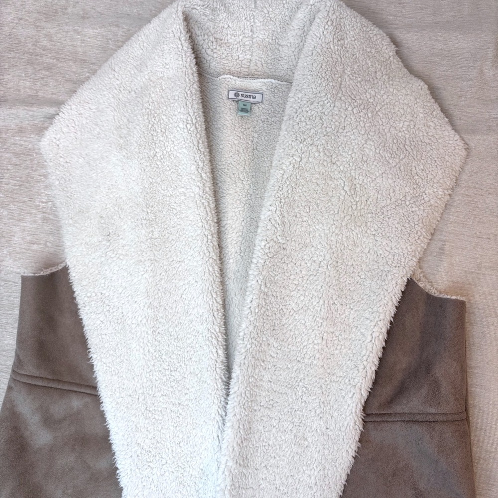 Susina Drape Collar Faux Suede Vest Shearling Lined Brown Tan Womens Sz M